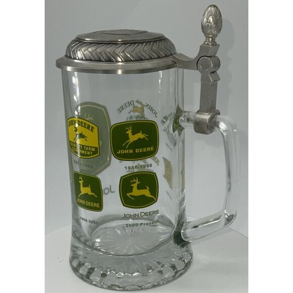 John Deere Glass Beer Stein with Silver Metal Lid Historical Logos With Years - Picture 3 of 10
